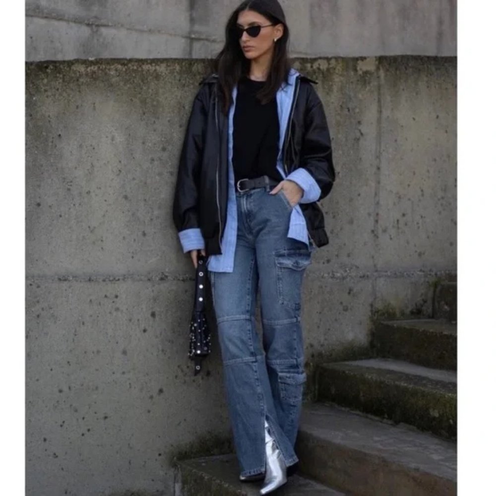 New Zara Split Hem High Waist Denim Cargo Jeans